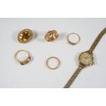 A QUANTITY OF JEWELLERY including a lady's 9ct. gold wristwatch, a 9ct. gold foliate engraved buckle