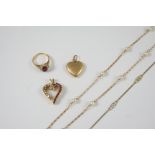 A QUANTITY OF JEWELLERY including a ruby and diamond heart-shaped pendant, a ruby and diamond