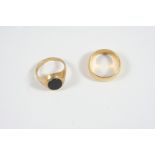 AN 18CT. GOLD WEDDING BAND 9.9 grams, size U 1/2, together with a 9ct. gold and black onyx signet