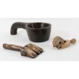 CARVED FRUITWOOD SCOOP length 21cm, together with a carved mortar with handle and a pastry roller (