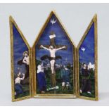 ENAMELLED TRIPTYCH ICON, probably French and 19th century, the central image of Christ crucified