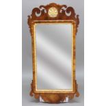 GEORGE III WALNUT AND GILT PIER MIRROR, the rectangular plate beneath a pierced, scrolling crest and
