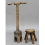 VICTORIAN WASH DOLLY height 74cm; together with a circular elm and pine milking stool, height