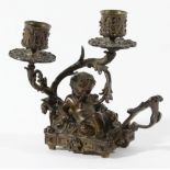 FRENCH BRONZE CHAMBER CANDLESTICK 19th century, the two sconces above scrolling stems and a
