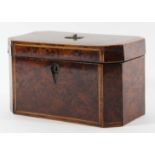 YEW WOOD TEA CADDY 19th century, of rectangular form with canted corners and twin canister interior,