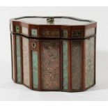 GEORGE III ROLLED PAPERWORK TEA CADDY of shaped form, the feather banded top with brass handle,