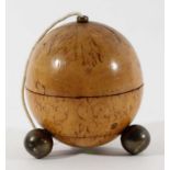 BURR MAPLE STRING BOX 19th century, the circular body unscrewing to reveal the well interior, on