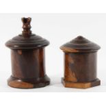 LIGNUM VITAE STRING BOX 19th century with open finial and cutting tool, 17cm, together with