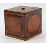 GEORGE III MAHOGANY TEA CADDY of cube form with satinwood and rosewood inlays, the interior with