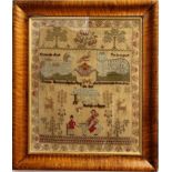 VICTORIAN SAMPLER, by Susanna Harrison, worked with a dog and cat above a chained bear, angel and