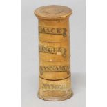 19TH CENTURY TURNED BOXWOOD FOUR TIER SPICE TOWER with compartments labelled Mace, Ginger,
