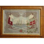 SAILOR'S FAREWELL AND SAILOR'S RETURN, pair of Victorian woolwork embroideries, depicting a three