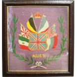 GROUP OF FOUR GREAT WAR WOOLWORK PICTURES, each depicting flags of the Allies, sizes 55cm x 47cm and