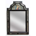 QUEEN ANNE STYLE MIRROR, the rectangular plate inside a mirrored, cushion frame and surmounted by