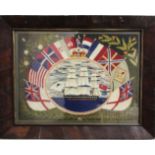VICTORIAN WOOLWORK SAILOR'S EMBROIDERY, depicting a three mast sailing ship in full sail, surrounded