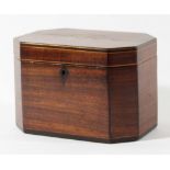 GEORGE III MAHOGANY TEA CADDY of octagonal form, the interior with twin lidded canisters, height
