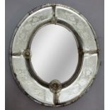 VENETIAN GLASS MIRROR, the oval plate inside a glass frame engraved with scolling foliage, with