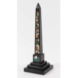 ASHFORD BLACK MARBLE OBELISK 19th century, inlaid with pietra dura on a stepped base, height 35cm
