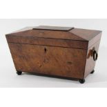 BURR ELM TEA CADDY 19th century, of sarcophagus form, the fitted interior with twin lidded canisters