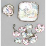 COLLECTION OF ENAMELS, to include a Chinese square dish, a French patch box and five decanter