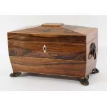 GEORGE IV ROSEWOOD TEA CADDY of sarcophagus form, the fitted interior with twin lidded canisters and