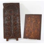 CARVED MARQUETRY PANEL probably 17th century, 28cm x 19cm; together with another carved oak panel,