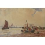 THOMAS BUSH HARDY (1842-1897) FISHERFOLK ON THE SHORE Signed, watercolour 9 x 14cm. ++ Slightly