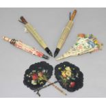 TWO VICTORIAN LACQUERED PAPIER MACHE FANS, on turned handles; three Chinese parasols and an