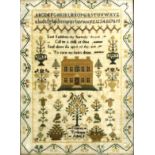 GEORGIAN SAMPLER, by Frances Tydeman, worked with alphabets, rhyme, house, plants and birds inside a