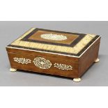 INDIAN HARDWOOD AND PORCUPINE QUILL BOX, 19th century, of sarcophagus form, with pierced ivory