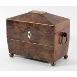 YEW WOOD TEA CADDY 19th century of sarcophagus form on brass ball feet, the interior with twin