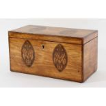 GEORGE III SATINWOOD TEA CADDY with urn and flower inlay set within four oval medallions, with