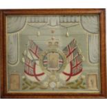 WOOLWORK SAILOR'S EMBROIDERY, a central crest and photograph of a lady, surrounded by naval flag and
