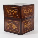 DUTCH MAHOGANY AND MARQUETRY DECANTER BOX 19th century, of square form with bird and flower inlay,