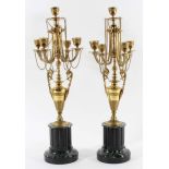 PAIR GILT BRONZE FIVE LIGHT CANDELABRA in the neo-classical revival style, on green marble bases,