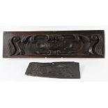 CARVED OAK PANEL dated 1636, with scrolling decoration, 59cm x 16cm; together with a smaller