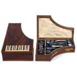 19THC PIANO SHAPED SEWING BOX - MUSICAL a mahogany and ivory inlaid sewing box in the form of a