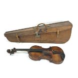 ANTIQUE VIOLIN & LEATHER CASE a mid 19thc French Guarneri copy, the violin with a two piece