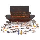 19THC NOAH'S ARK & ANIMALS a painted pine Noah's Ark probably German, with a sliding opening on