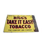 ENAMEL ADVERTISING SIGN - BIGGS TOBACCO an enamel sign for Smoke Bigg's Take it Easy Tobacco, For