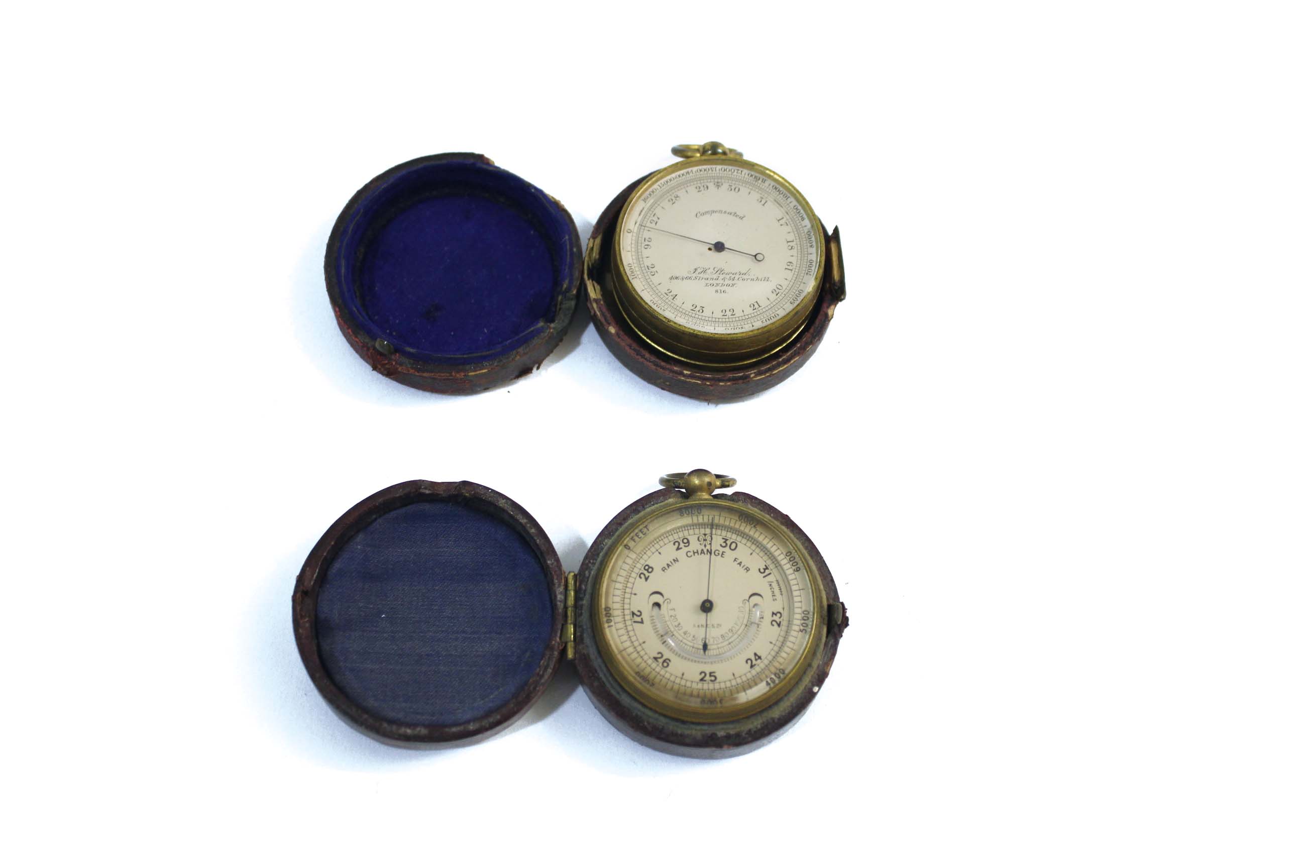 TWO POCKET BAROMETERS including a brass pocket barometer by F H Steward, London, with a silvered