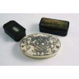 AN 18TH CENTURY IVORY SNUFF BOX oval, carved with a basket of flowers, a tortoiseshell small snuff