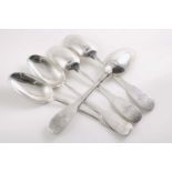A SET OF FIVE LATE 18TH CENTURY CONTINENTAL TABLE SPOONS Fiddle pattern, engraved on the back of the