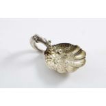 A VICTORIAN PARCELGILT CADDY SPOON with embossed fruit and flowers in the bowl and a crescent handle