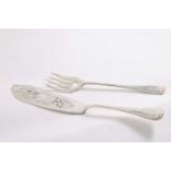 A PAIR OF VICTORIAN OLD ENGLISH PATTERN FISH SERVERS with pierced and engraved blade & tines, by