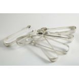 A PAIR OF VICTORIAN SUGAR TONGS & SIX PAIRS OF GEORGE III SUGAR TONGS (one crested and most