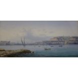 VINCENZO D'ESPOSITO (1866-1946) THE GRAND HARBOUR, VALLETTA, MALTA Signed, gouache 10.5 x 23cm. ++