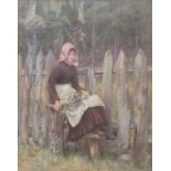 EDITH MARTINEAU (1842-1909) WAITING AT THE STILE Signed and dated 1883, watercolour 34.5 x