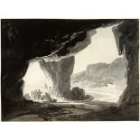 WILLIAM PAYNE (1760-1830) FISHERFOLK AT THE MOUTH OF A CAVE IN A BAY Washes en grisaille, with