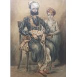 ENGLISH SCHOOL, 19/20th CENTURY PORTRAIT OF A SEATED INDIAN GENTLEMAN, A CHILD AT HIS SIDE